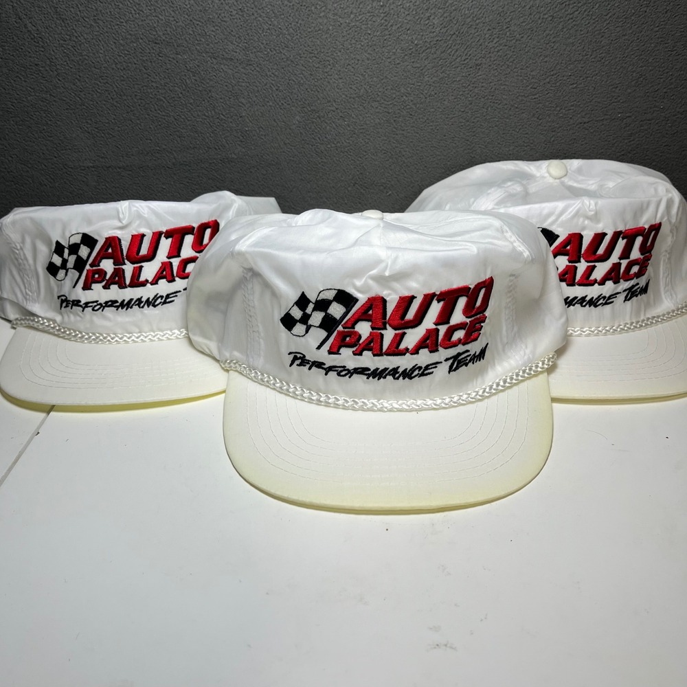 Lot of 3 Vintage Auto Palace Racing Hats White Nylon Snapback Ocean Caps USA
